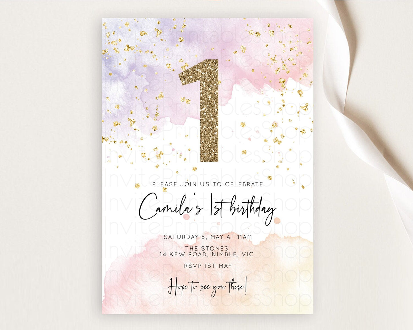 Rainbow Birthday Invitation Colorful Pastel Watercolor Invitation Gold Glitter Sprinkles Ombre Pastel 1st 2nd 3rd Birthday D10327