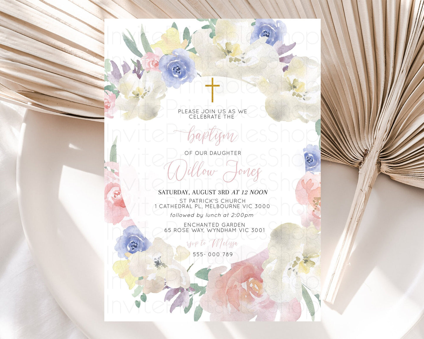 Secret Garden Baptism Invitation Wildflower Baptism Birthday Invite Pastel Flowers Christening Invite Enchanted Garden Boho Floral  D10841