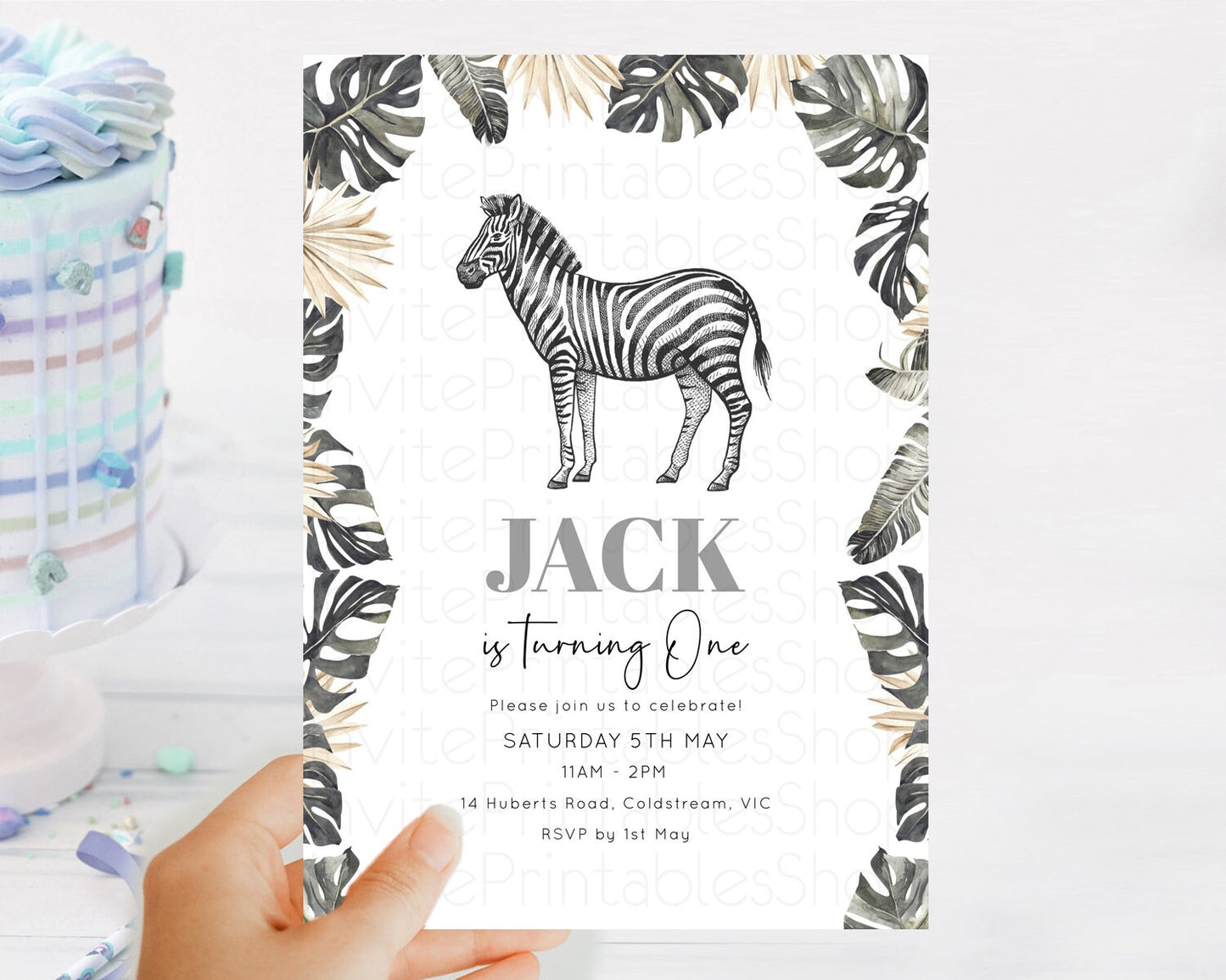 Zebra Birthday Invitation Zebra Invite Jungle Safari invite Watercolor Tropical Palm Invite Adventure Zoo Party Wild Animal Party D10824