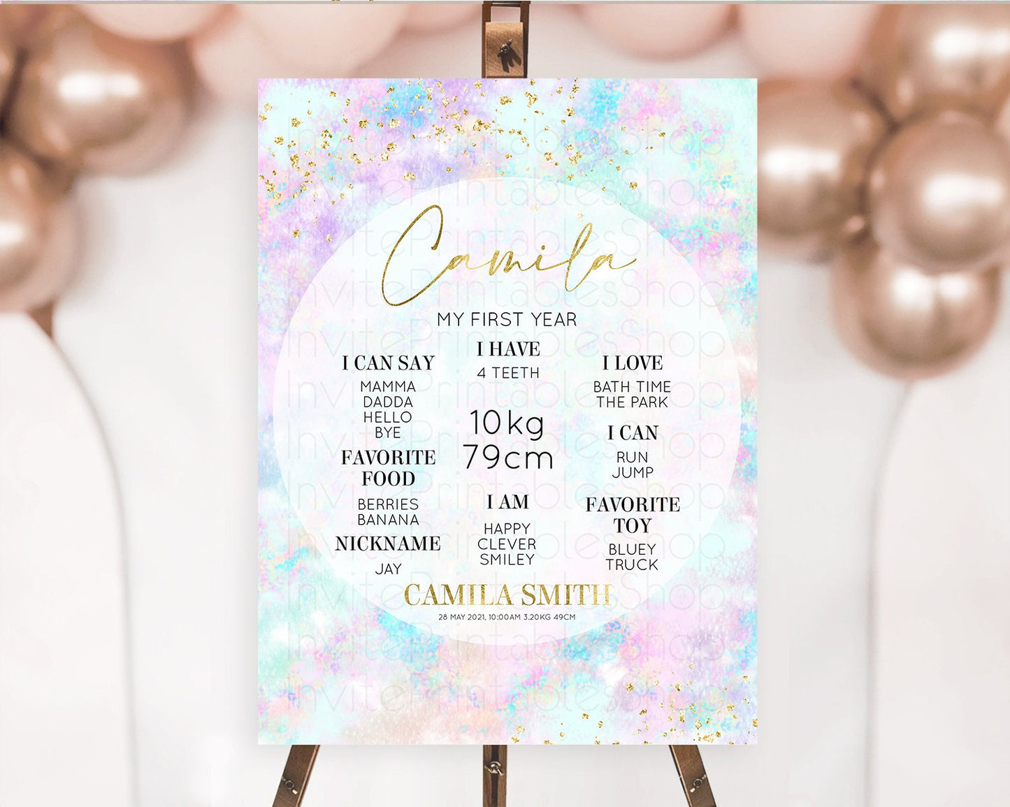 Pastel First Birthday Milestone Board Pastel Rainbow Milestone Poster Colorful Confetti Watercolor Glitter 1st Birthday Welcome Sign D10652