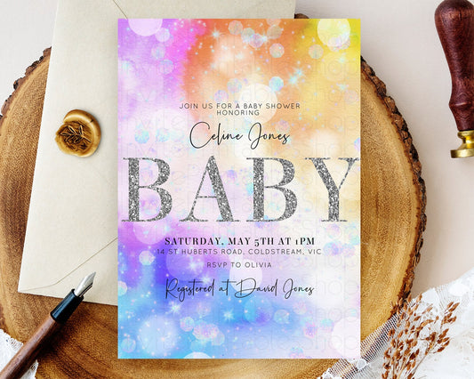 Rainbow Baby Shower Invitation Pastel Rainbow Baby Invitation Pastel Watercolor Invitation Colorful Ombre Sprinkle Shower D10690