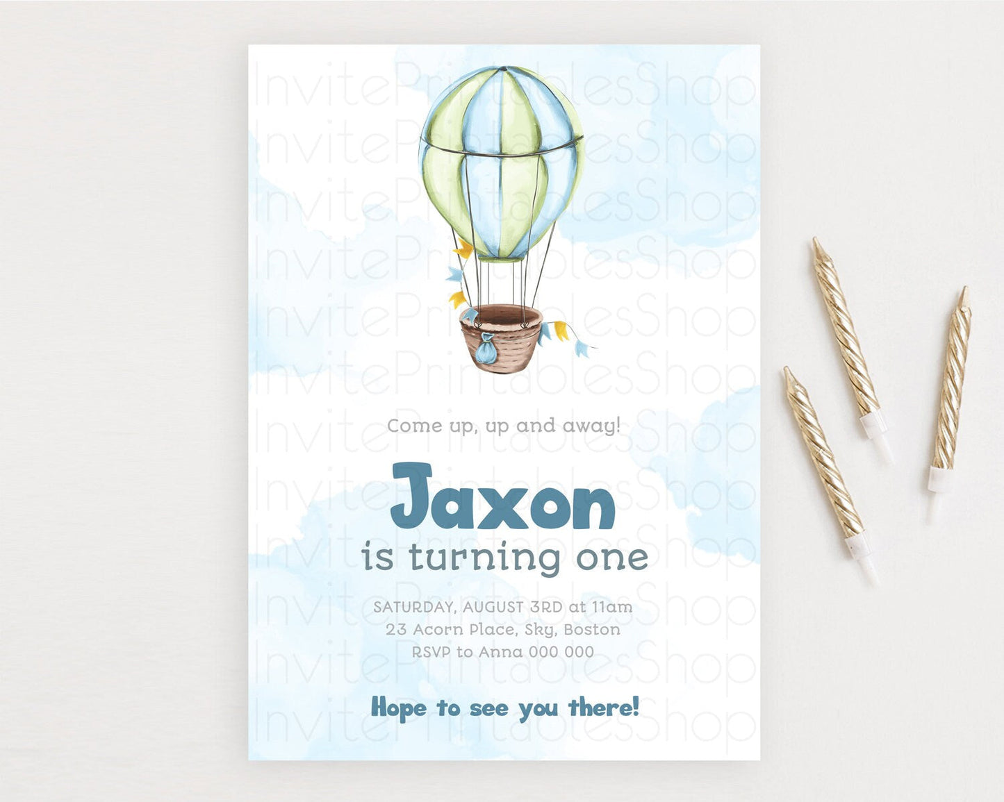 Hot Air Balloon Birthday Invitation Hot Air Balloon Invites Adventure Awaits Up Up & Away Glitter Blue Watercolor 1st Birthday Boy D10661