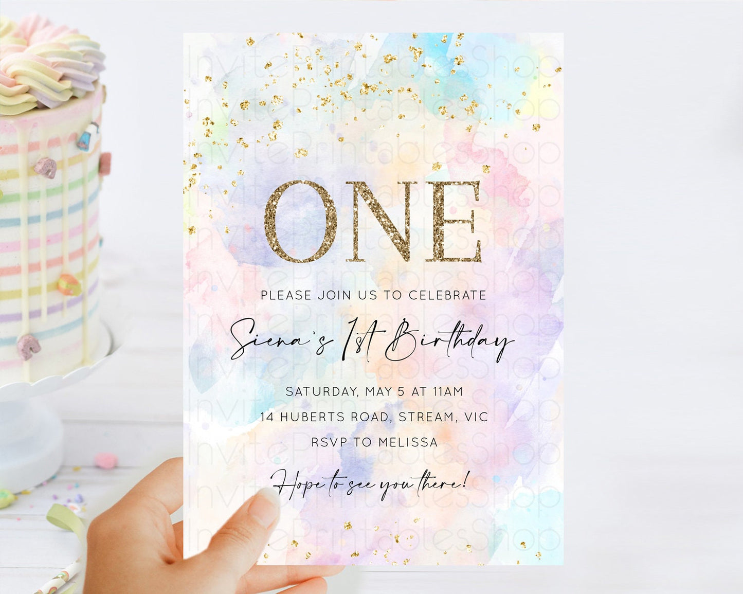 Rainbow Birthday Invitation Colorful Pastel Watercolor Invitation Gold Glitter Sprinkles Ombre Pastel 1st 2nd 3rd Birthday D10605