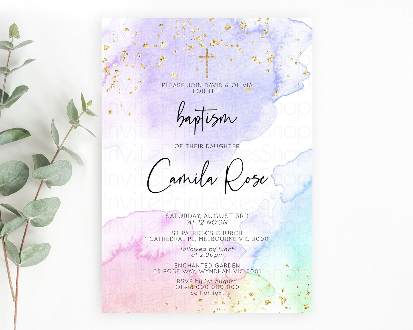 Pastel Baptism Invitation Pastel Colors Watercolor Baptism 1st Birthday Party Gold Ombre Pastel Rainbow Christening Holy Communion D10215