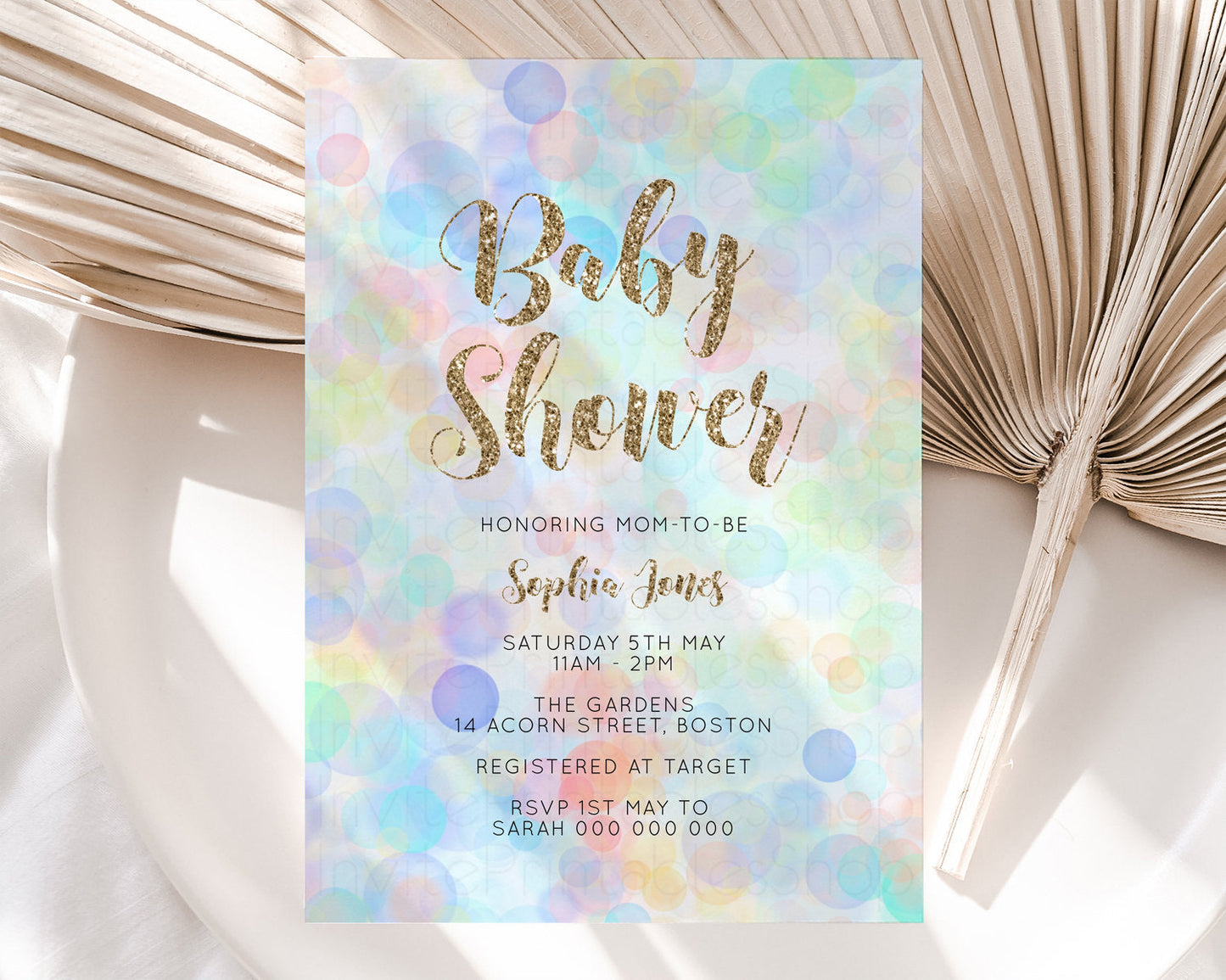 Rainbow Baby Shower Invitation Pastel Invite Colorful POP Invitation Confetti Sprinkles Invite Oh Baby Glitter Blue Pink Yellow Green G500