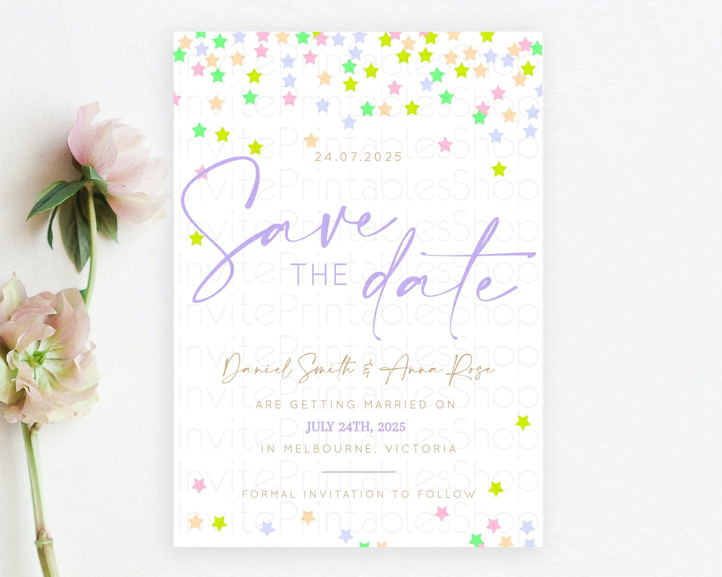 Twinkle Stars Save The Date Template Pastel Twinkle Little Star Party Shooting Star Confetti Sprinkles Birthday Baptism Baby Shower D10396
