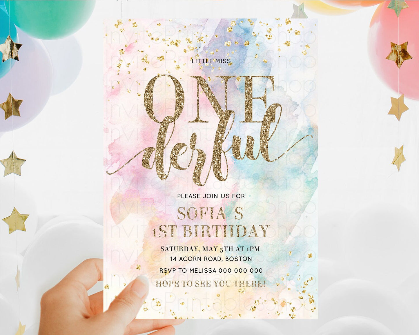 ONEderful Rainbow Birthday Invitation Colorful Pastel Watercolor Invitation Gold Glitter Sprinkles Ombre Pastel 1st Birthday D10264