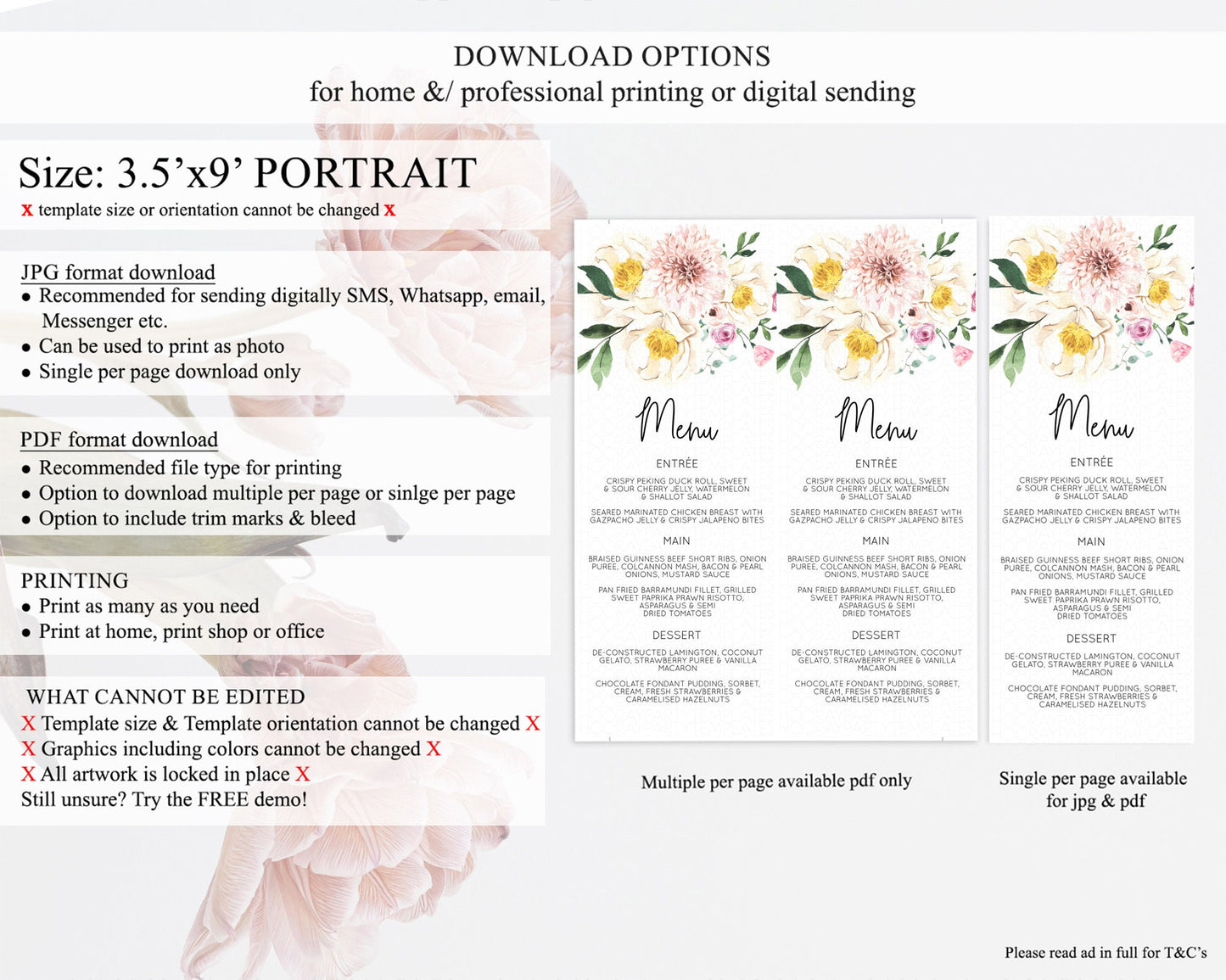 Secret Garden Menu Wildflower Menu Template Pastel Flower Garden Table Decor Boho Floral Dinner Dessert Floral Party Food Menu D11040