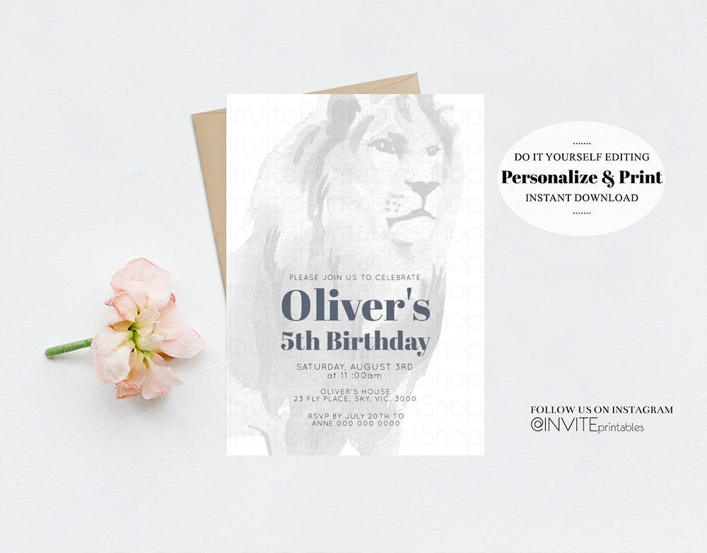 Lion Birthday Invitation Watercolor Lion Invite Tropical Palms Jungle Safari Adventure Zoo Party Wild Party Animal Custom Editable