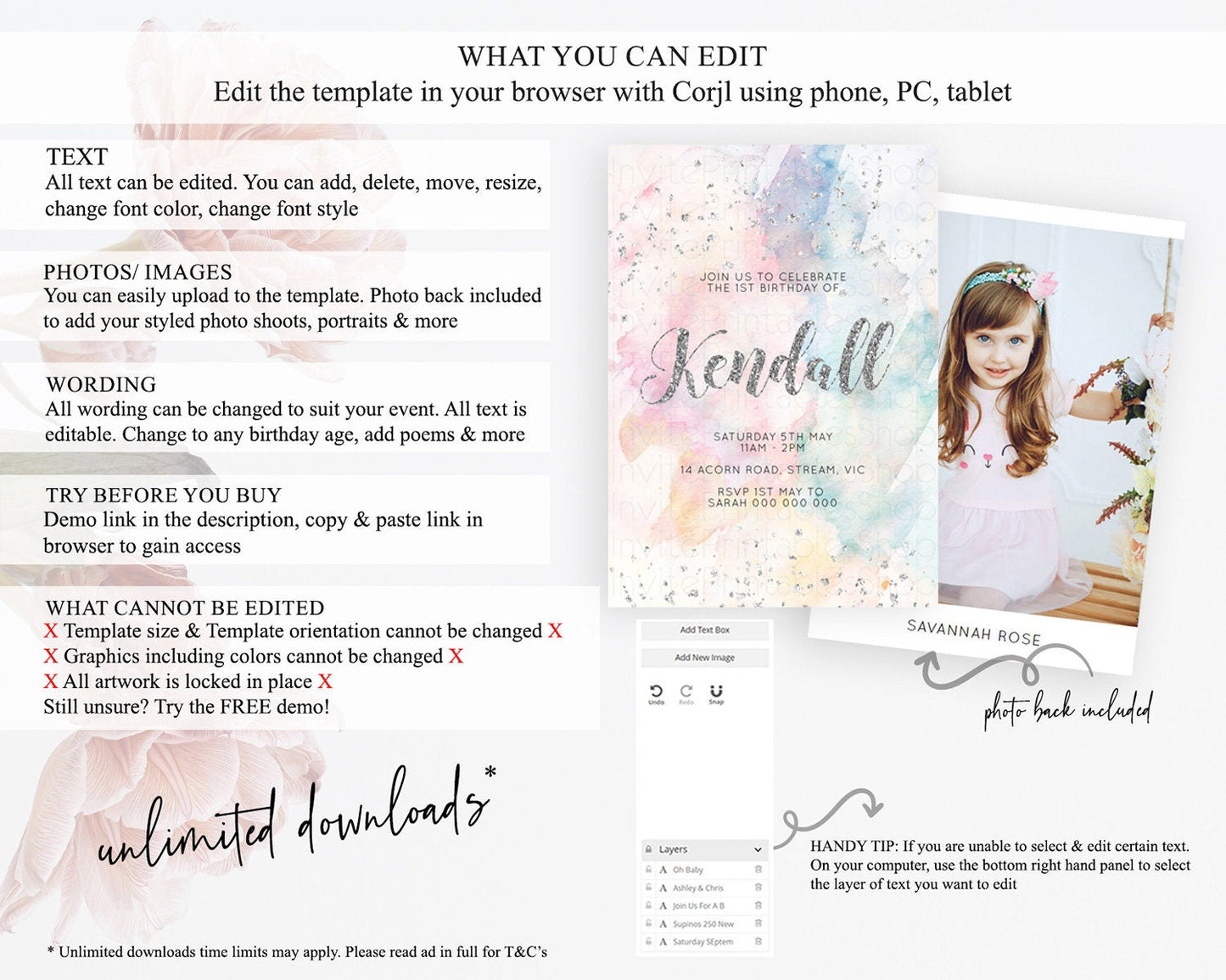 Rainbow Birthday Invitation Colorful Pastel Watercolor Silver Glitter Sprinkles Ombre Pastel Invitation 1st 2nd 3rd First Birthday D10944