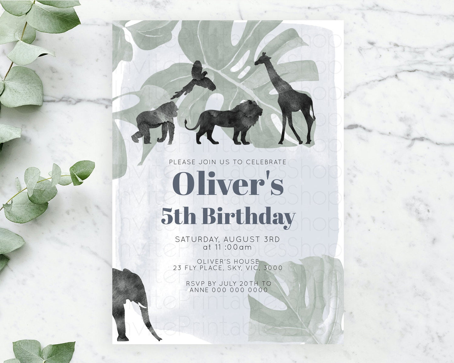 Safari Birthday Invitation Lion Gorilla Elephant Rhino Tropical Palm Jungle Safari Adventure Zoo Party Animal 2nd 1st First Birthday D10203