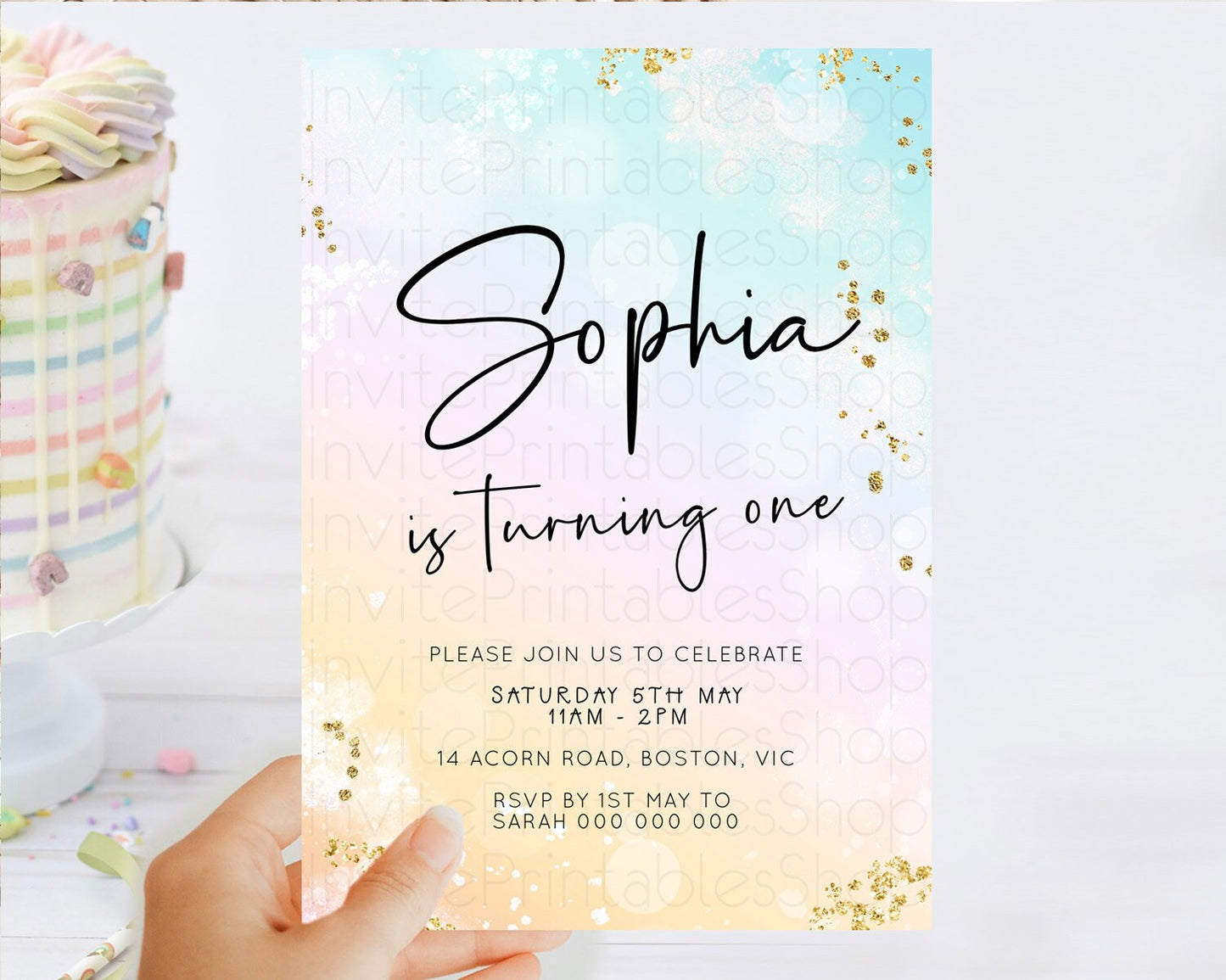 Pastel Birthday Invitation Ombre Watercolor Birthday Invitation Glitter Rainbow Color Splash 1st 2nd 3rd Birthday Invitation D23098