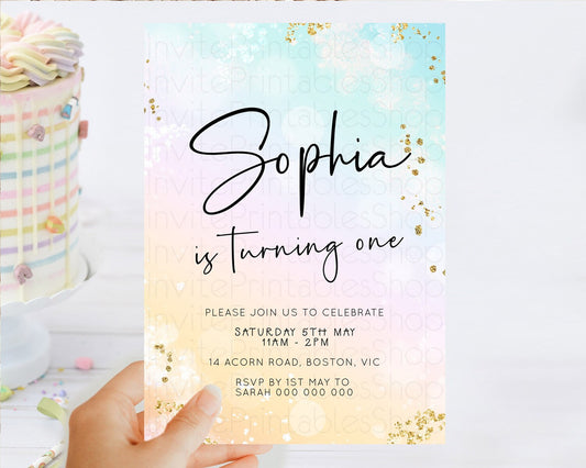 Pastel Birthday Invitation Ombre Watercolor Birthday Invitation Glitter Rainbow Color Splash 1st 2nd 3rd Birthday Invitation D23098