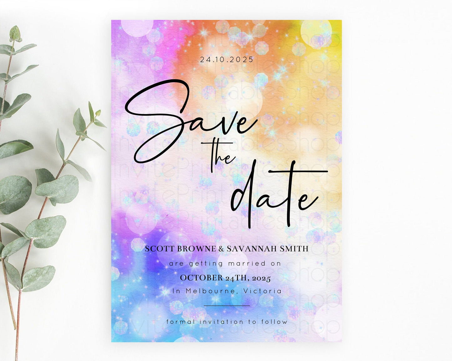 Colorful Save The Date Template Pastel Rainbow Watercolor Iridescent Ombre Party For 1st Birthday Baptism Baby Shower Bridal Shower D10690