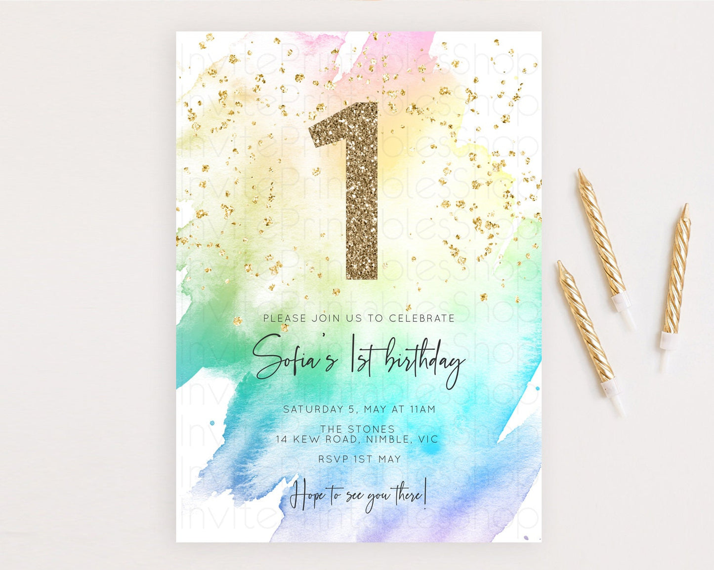 Rainbow Birthday Invitation Colorful Pastel Watercolor Invitation Gold Glitter Sprinkles Ombre Pastel 1st 2nd 3rd Birthday D10256