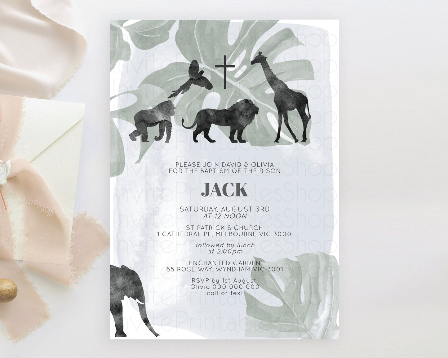 Safari Baptism Invitation Safari Adventure Baptism Birthday Invitation Lion Gorilla Elephant Rhino Tropical Palm Jungle Adventure D10203