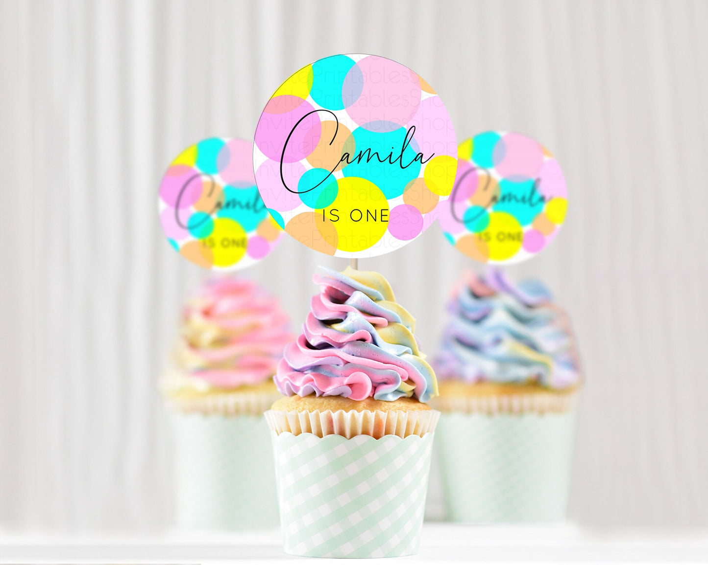 Pastel Cupcake Toppers Pastel Confetti Cupcake Topper Bubbles Sprinkles Colorful Rainbow Confetti Cupcake First Birthday Party Décor D10896