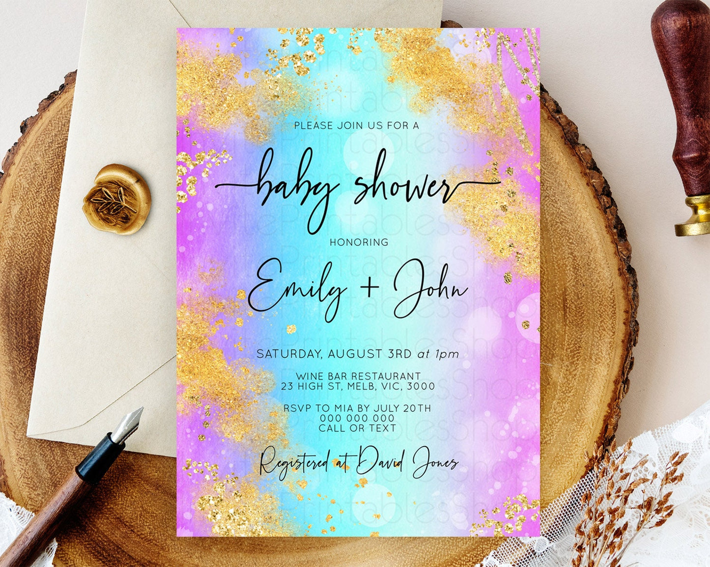 Pastel Baby Shower Invitation Rainbow Baby Shower Invitation Colorful Pastel Watercolor Invitation Gold Glitter Sprinkles Ombre D10564