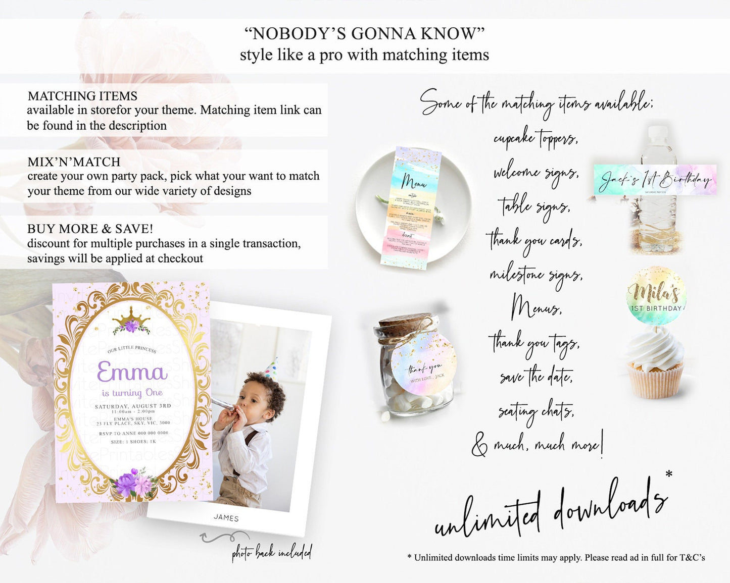 Princess Birthday Invitation Castle Invitation Royal Birthday Fairy Tale Enchanted Mirror Pastel Floral Garden 1st First Birthday D10138
