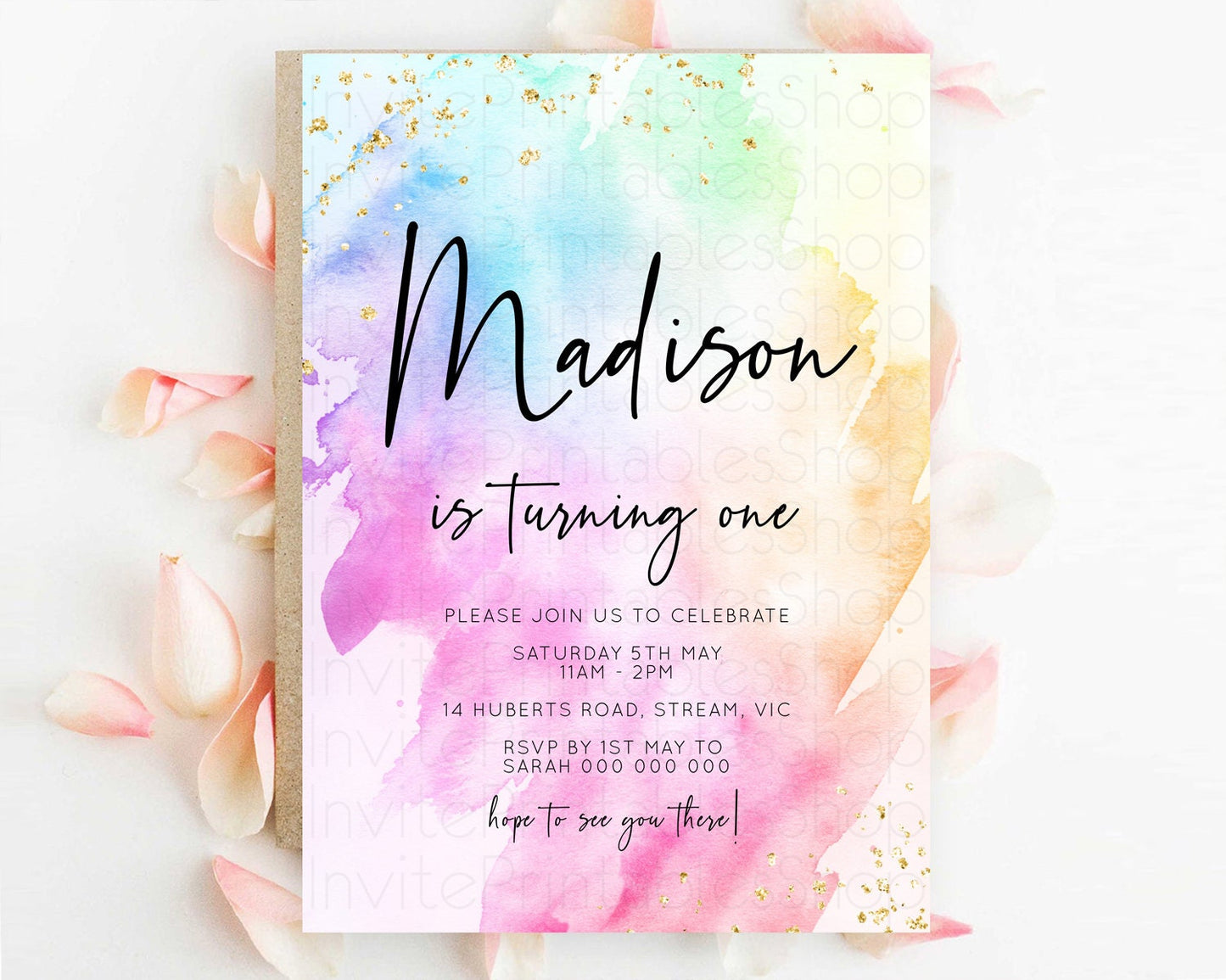 Rainbow Birthday Invitation Colorful Pastel Watercolor Invitation Gold Glitter Sprinkles Ombre Pastel 1st 2nd 3rd Birthday D10449