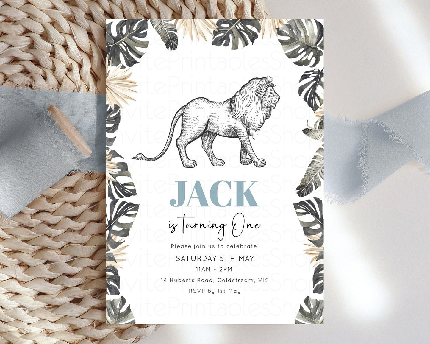 Lion Birthday Invitation Lion Invitation Tropical Palms Invitation Jungle Safari Adventure Zoo Party Wild Party Animal 1st 2nd 3rd p249