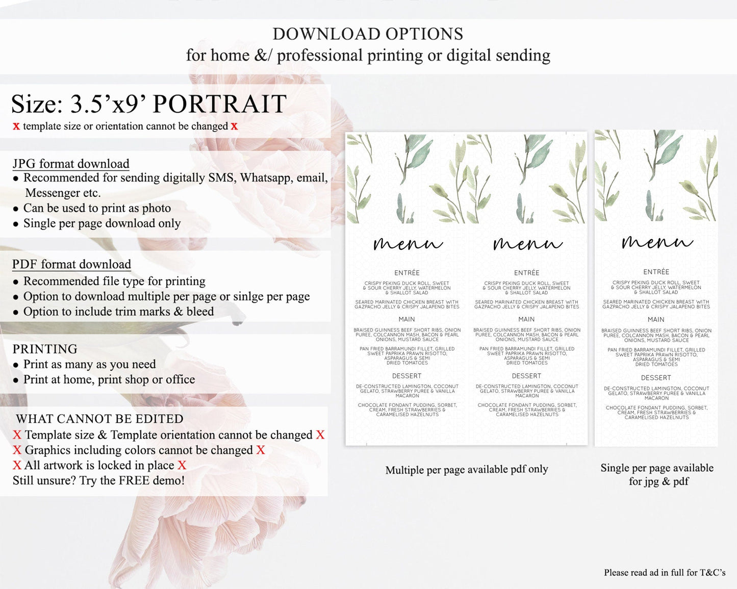 Leafy Menu Green Leaf Menu Template Eucalyptus Fern Leaves Decor Watercolor Boho Garden Leaf Branch Dinner Dessert Party Food Menu D11058