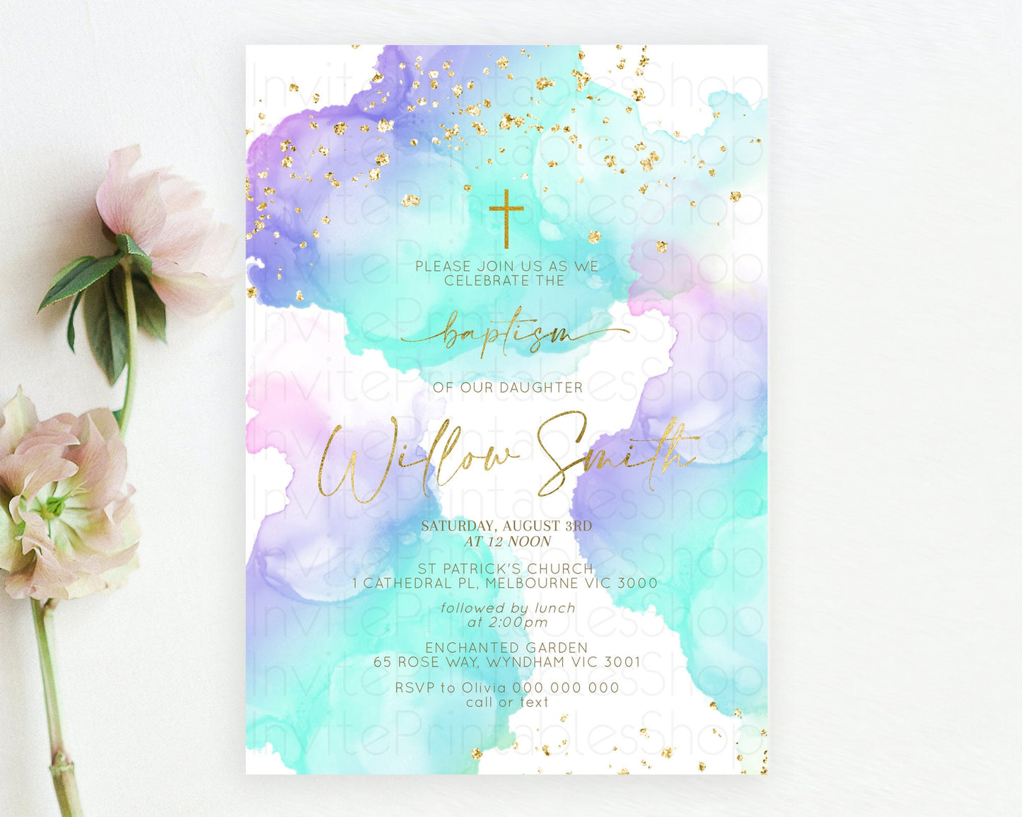 Pastel Baptism Invitation Pastel Colors Watercolor Baptism 1st Birthday Party Gold Ombre Pastel Rainbow Christening Holy Communion D10212