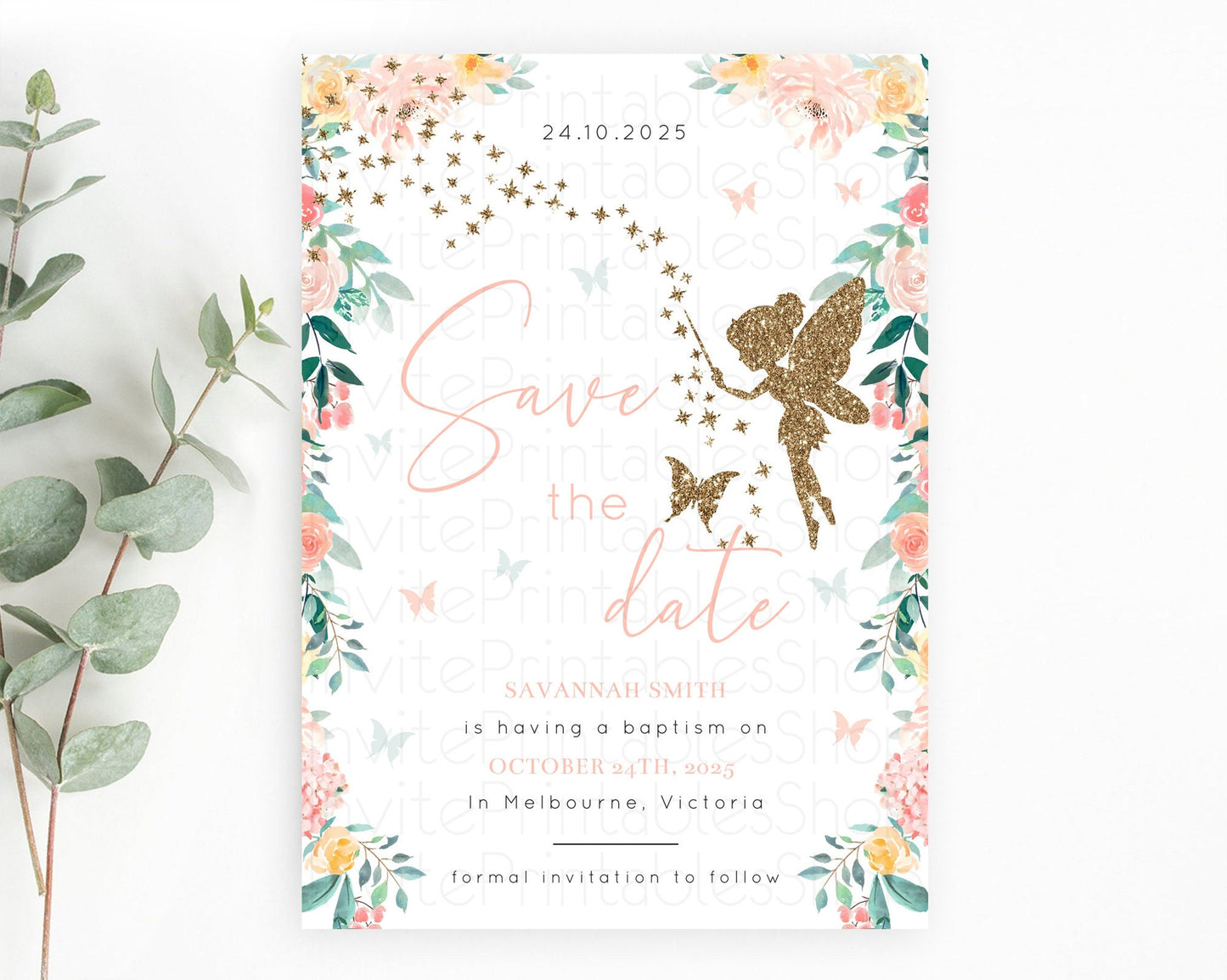 Fairy Save The Date Template Enchanted Garden Pastel Floral Butterfly Party Secret Garden Birthday Baptism Baby Shower Bridal Shower D10789