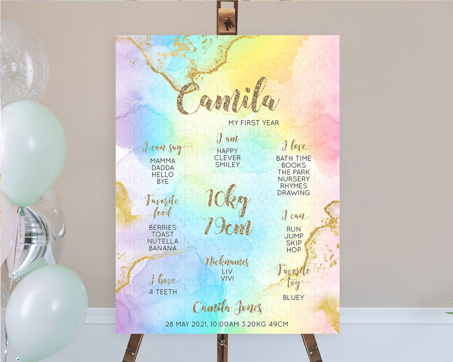 Pastel First Birthday Milestone Board Pastel Rainbow Milestone Poster Colorful Confetti Watercolor Glitter 1st Birthday Welcome Sign D10589