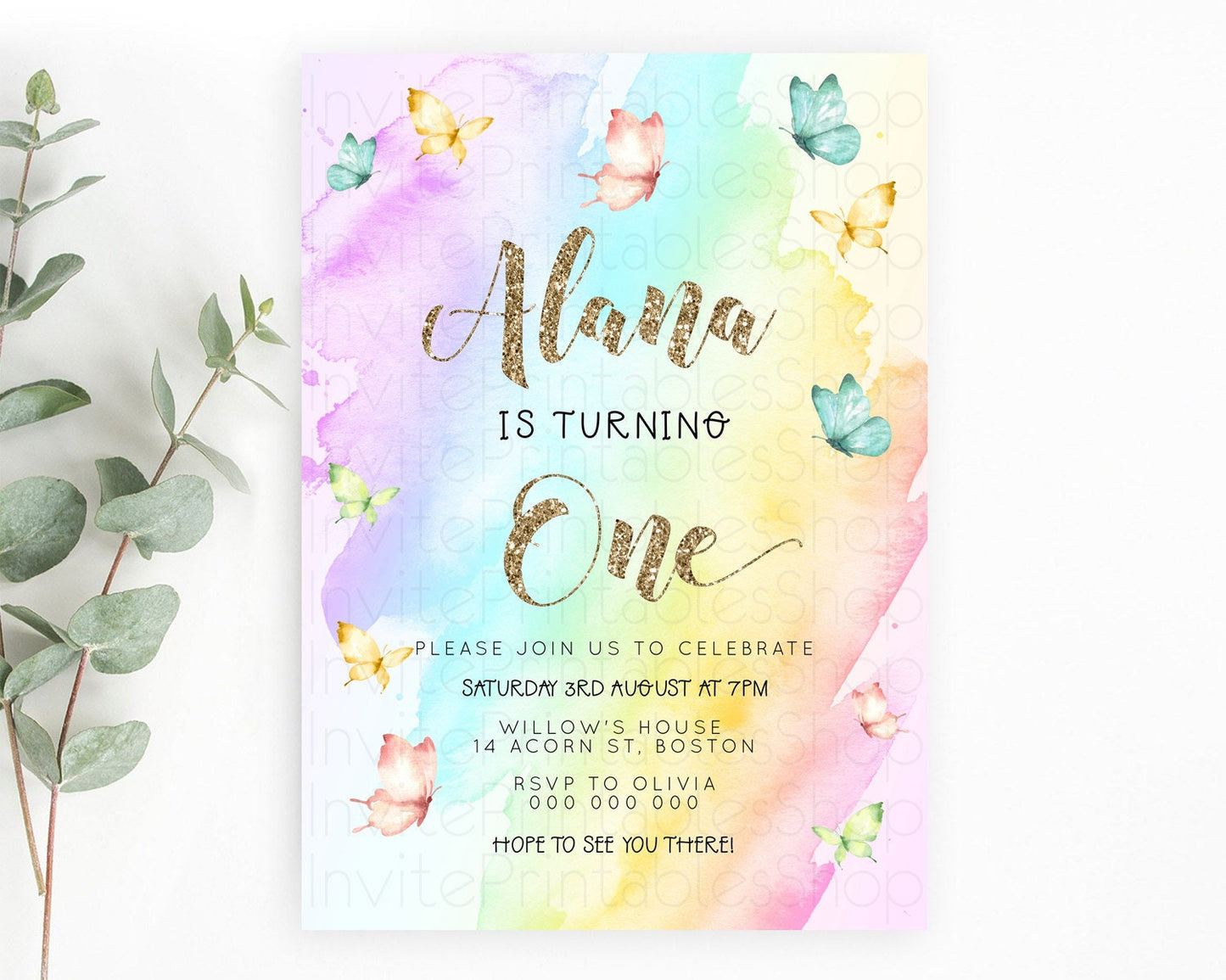 Pastel Butterfly Birthday Invitation Butterfly Birthday Invitation Colorful Splash Glitter Butterfly Garden 1st 2nd Birthday D23239