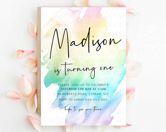 Rainbow Birthday Invitation Colorful Pastel Watercolor Invitation Gold Glitter Sprinkles Ombre Pastel 1st 2nd 3rd Birthday D10279