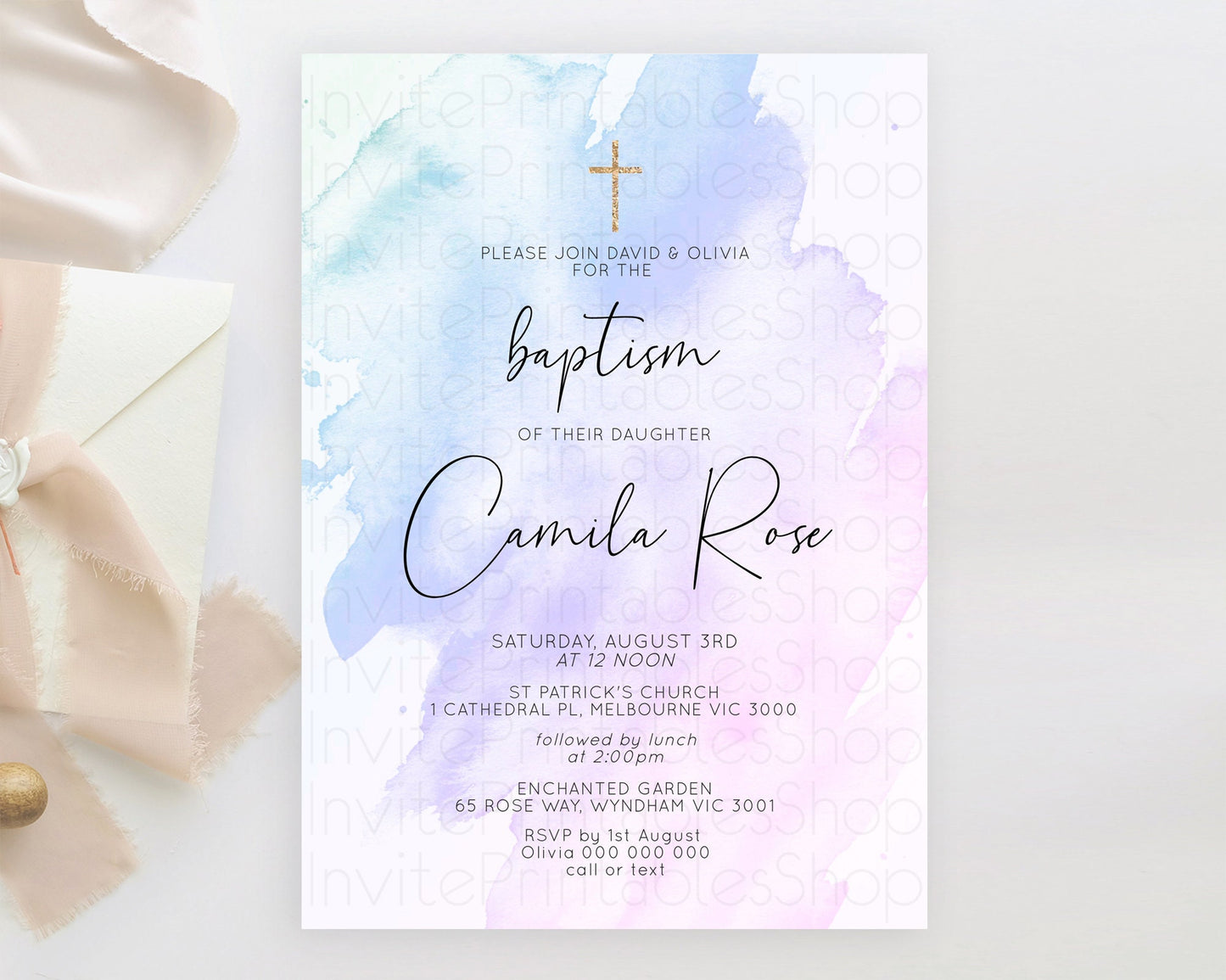 Purple Baptism Invitation Purple Watercolor Baptism Birthday Invitation Pastel Purple Watercolor Christening Invite Purple Splash D10165