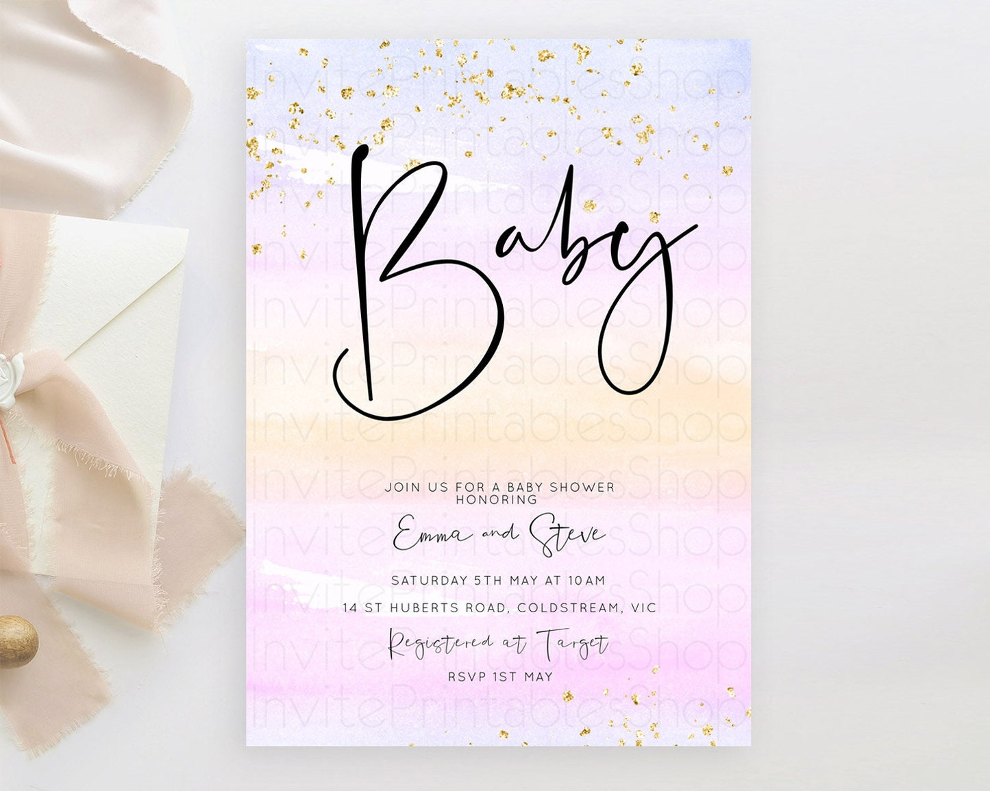 Pastel Baby Shower Invitation Rainbow Baby Shower Invitation Colorful Pastel Watercolor Invitation Gold Glitter Sprinkles Ombre D10594