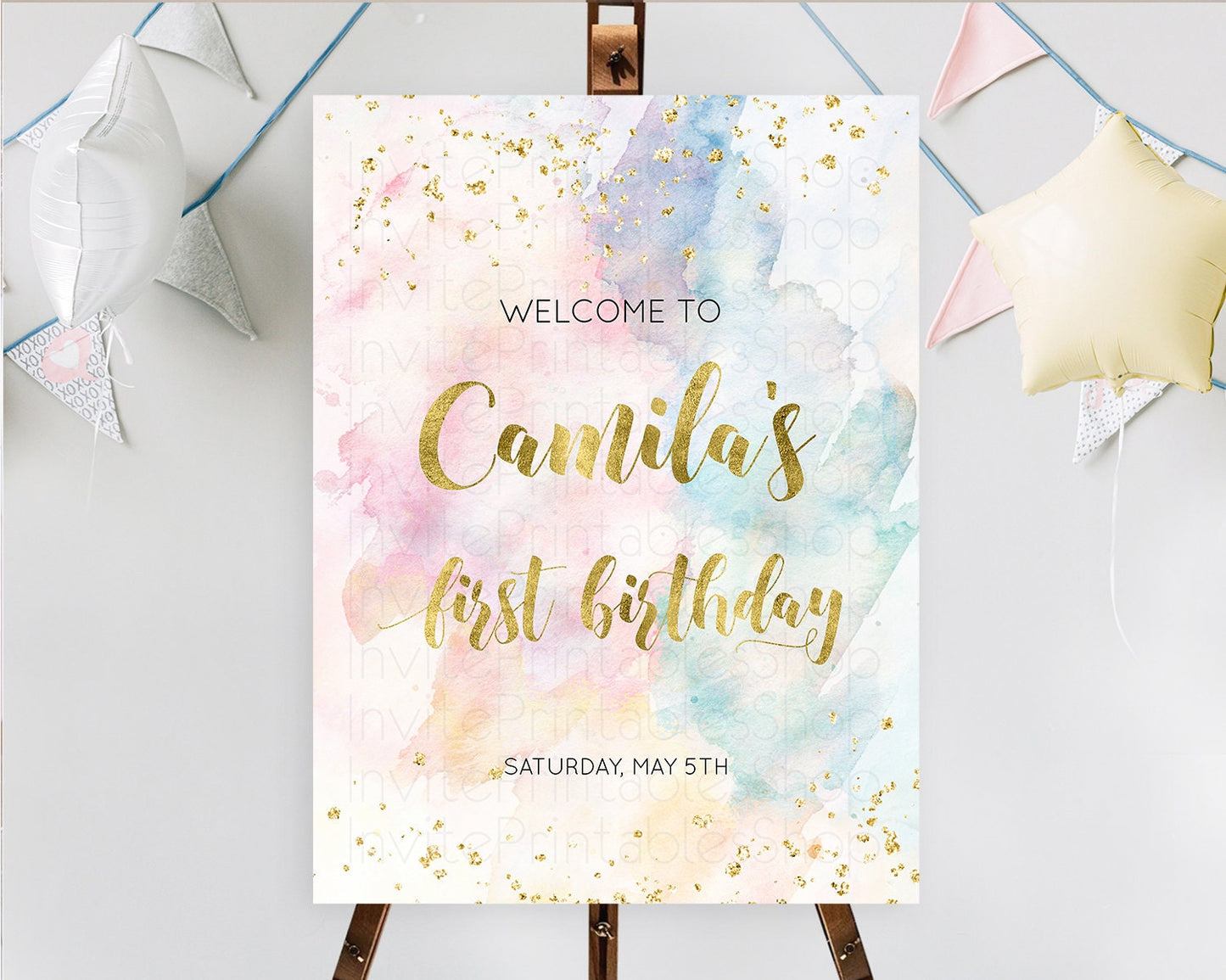 Pastel Welcome Sign Pastel Rainbow Welcome Sign Colorful Rainbow Confetti Watercolor Glitter Pastel First Birthday Welcome Sign D10265