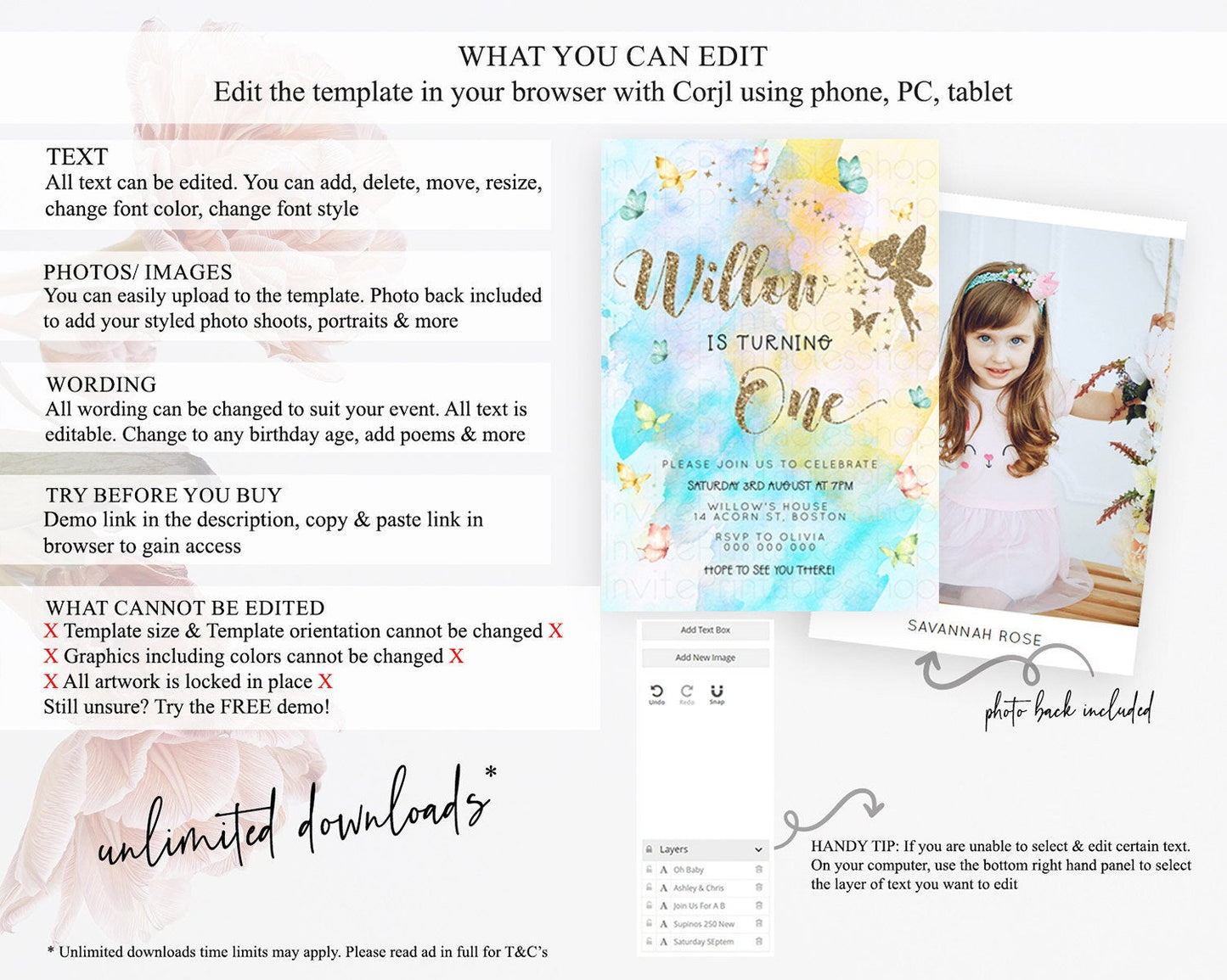 Pastel Fairy Birthday Invitation Pastel Butterflies Fairy Birthday Invitation Rainbow Ombre Watercolor 1st 2nd Birthday Invitation D23348