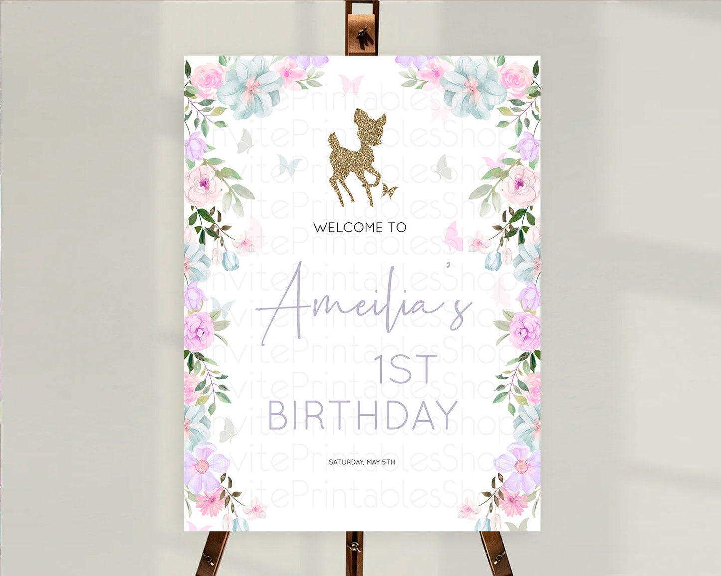 Fawn Welcome Sign Deer Welcome Board Floral Deer Welcome Poster Enchanted Forest Butterfly Pastel Floral First Birthday Welcome Sign D10476