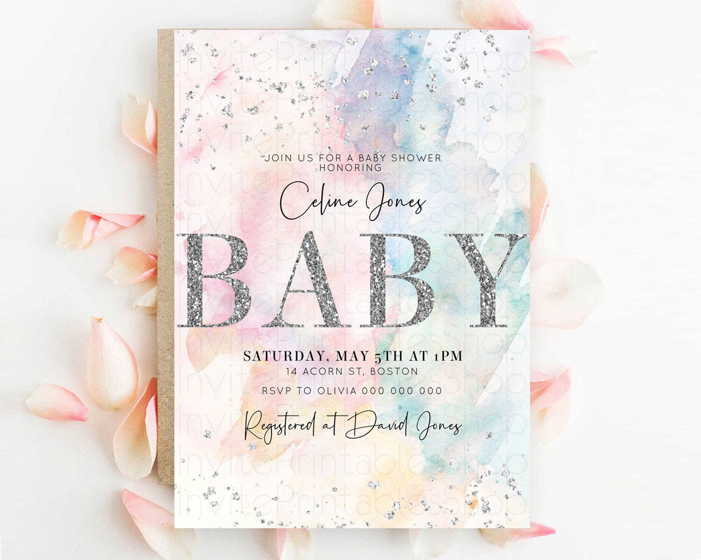 Pastel Rainbow Baby Shower Invitation, Colorful Watercolor Splash with Silver Confetti Sprinkles, Ombre Effect - Pink blue yellow D10945