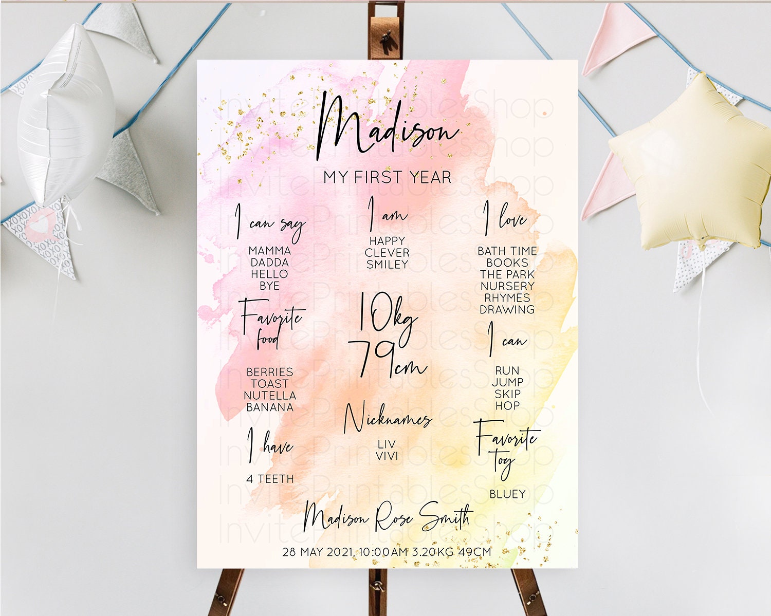 Editable Pink First Birthday Milestone Poster Pink Watercolor Milestone Boar