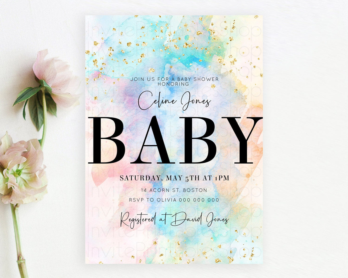 Pastel Baby Shower Invitation Rainbow Baby Shower Invitation Colorful Pastel Watercolor Invitation Gold Glitter Sprinkles Ombre D10266