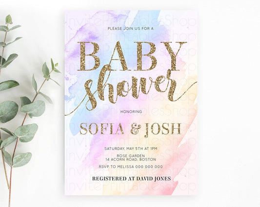 Pastel Baby Shower Invitation Rainbow Baby Shower Invitation Colorful Pastel Watercolor Invitation Gold Glitter Sprinkles Ombre D10633