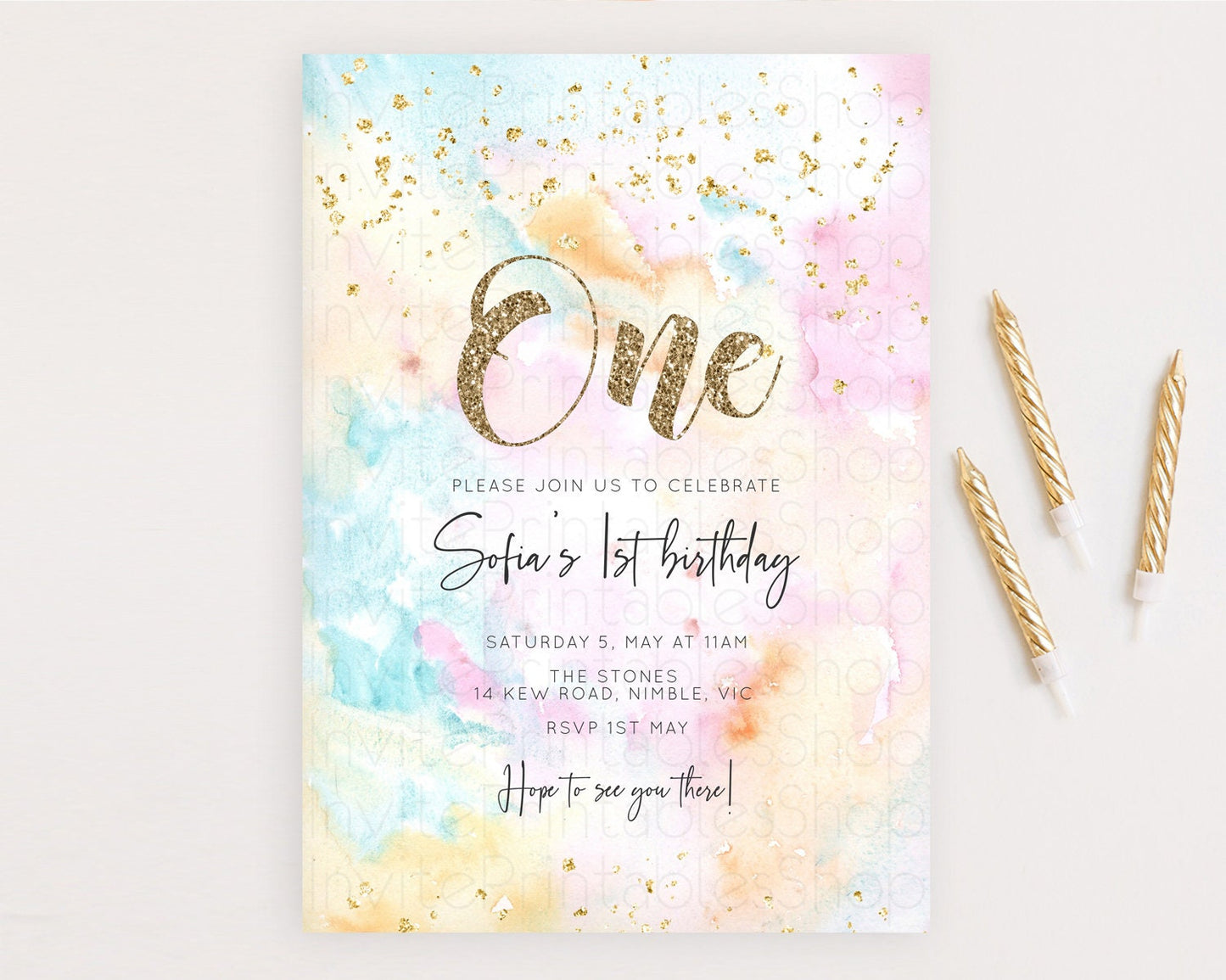 Rainbow Birthday Invitation Colorful Pastel Watercolor Invitation Gold Glitter Sprinkles Ombre Pastel 1st 2nd 3rd Birthday D10548