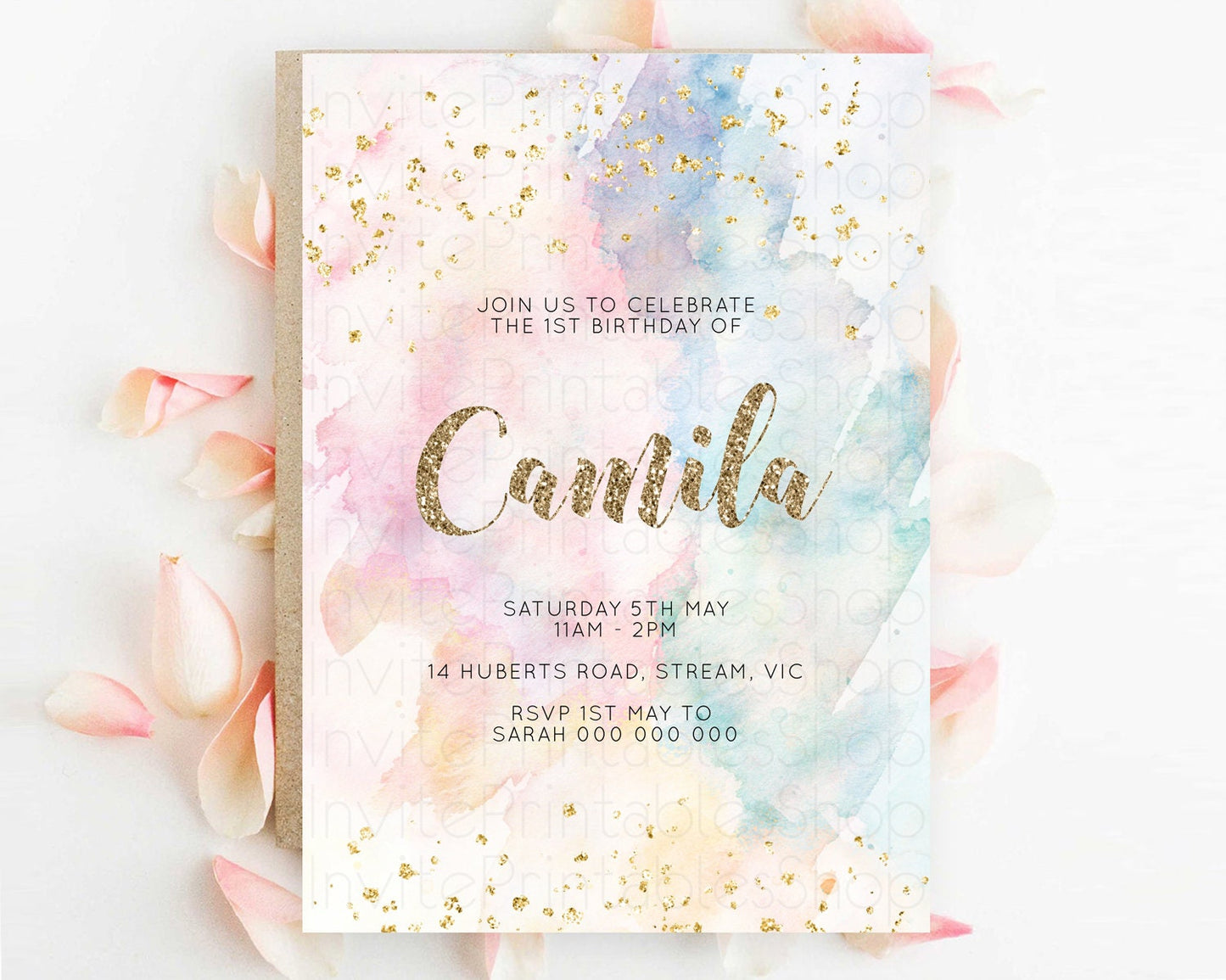 Rainbow Birthday Invitation Colorful Pastel Watercolor Invitation Gold Glitter Sprinkles Ombre Pastel 1st 2nd 3rd Birthday D10264