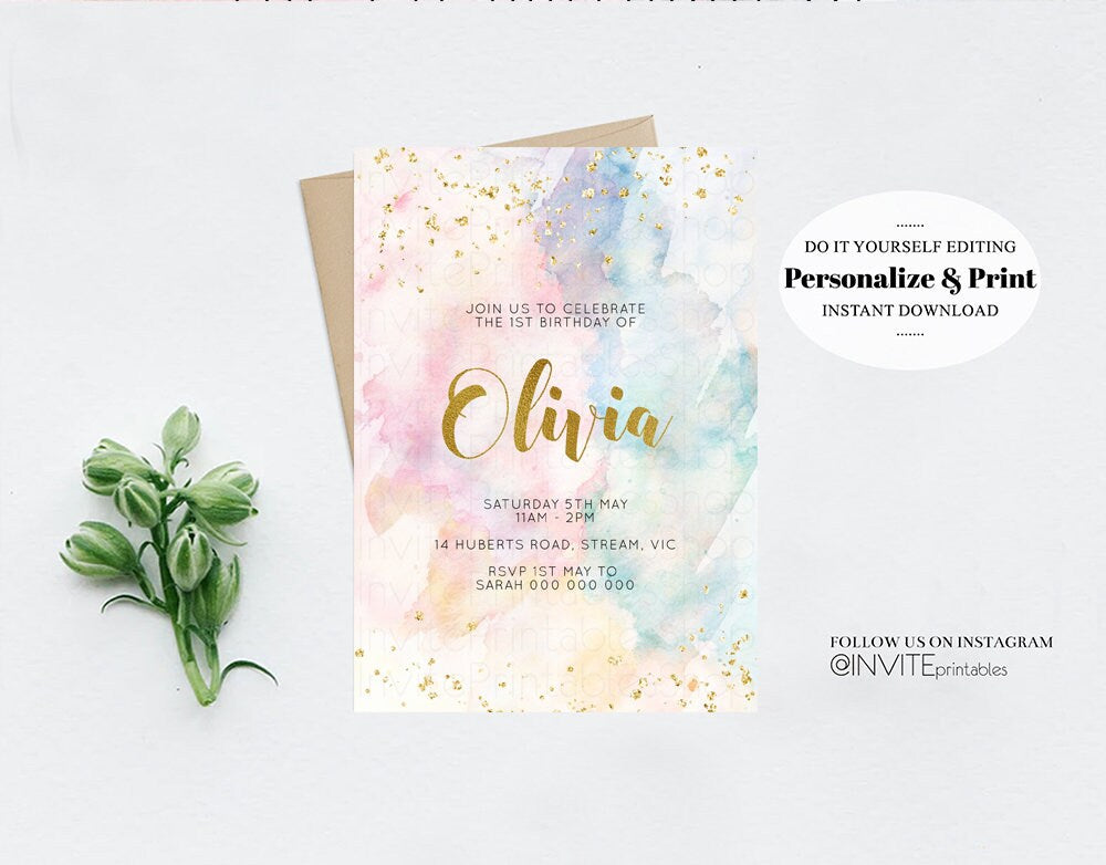 Rainbow Birthday Invitation Colorful Watercolor Gold Glitter Sprinkles Ombre Pastel Invitation 1st 2nd 3rd Printable Editable Invite 276