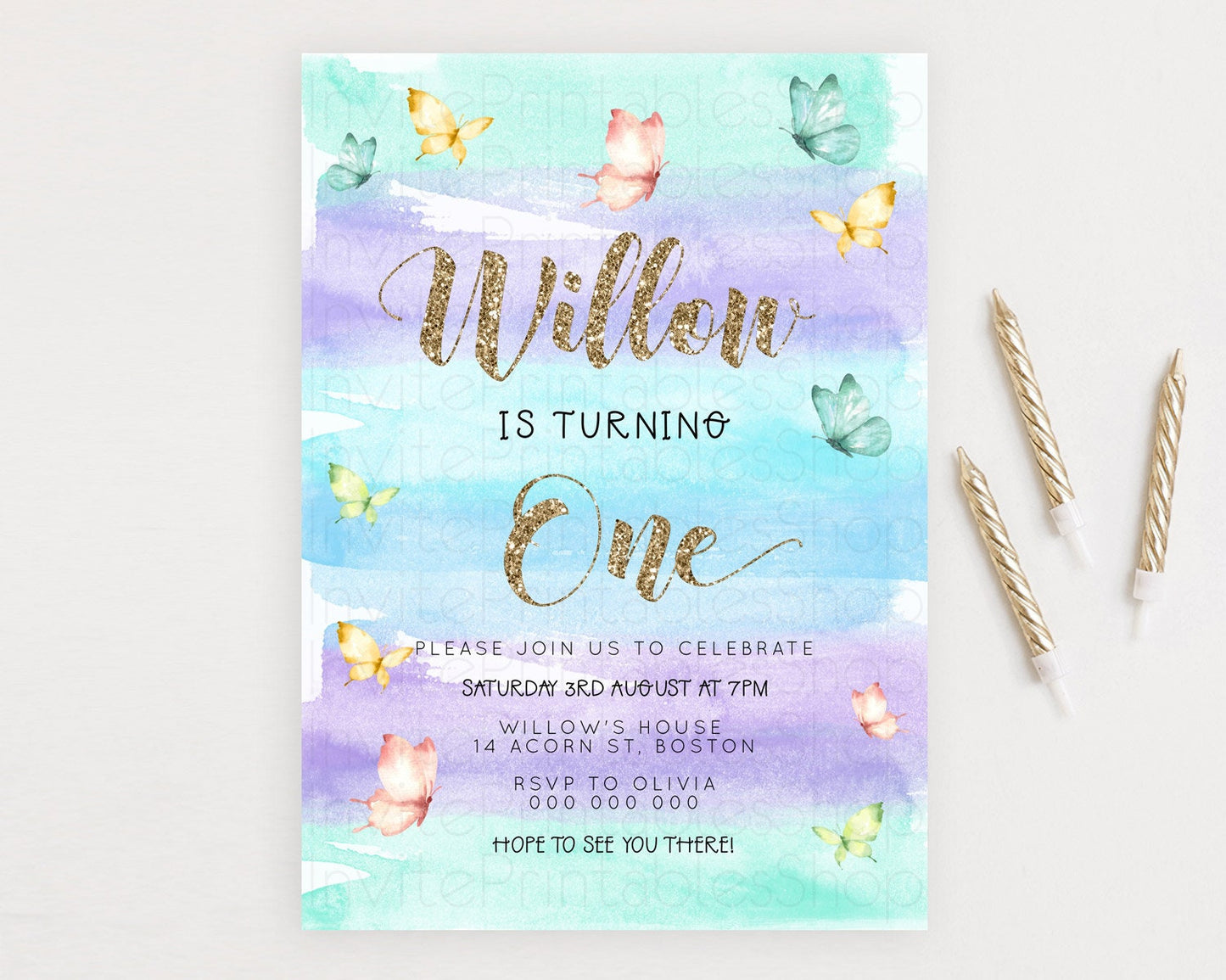 Pastel Butterfly Birthday Invitation Butterfly Birthday Invitation Colorful Splash Glitter Butterfly Garden 1st 2nd Birthday D23223