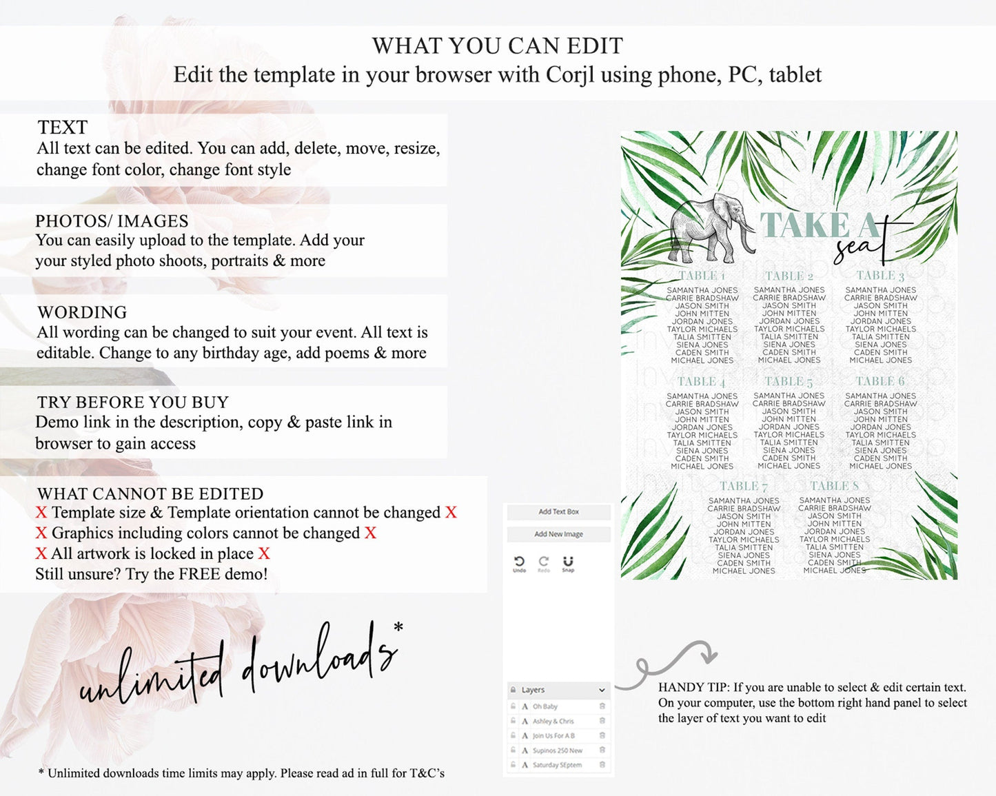 Elephant Seating Chart Elephant Seating Sign Elephant Party Safari Adventure Elephant Take A Seat Elephant Decor Zoo Fern Palm Leaf D10850