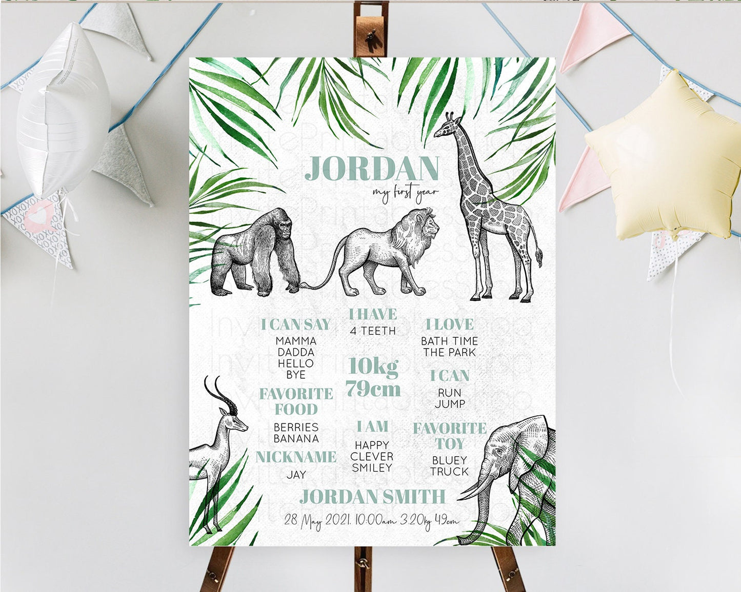 Safari First Birthday Milestone Poster Lion Gorilla Elephant Rhino Tropical Palm Jungle Zoo Party Animal 1st Birthday Welcome Sign D10853