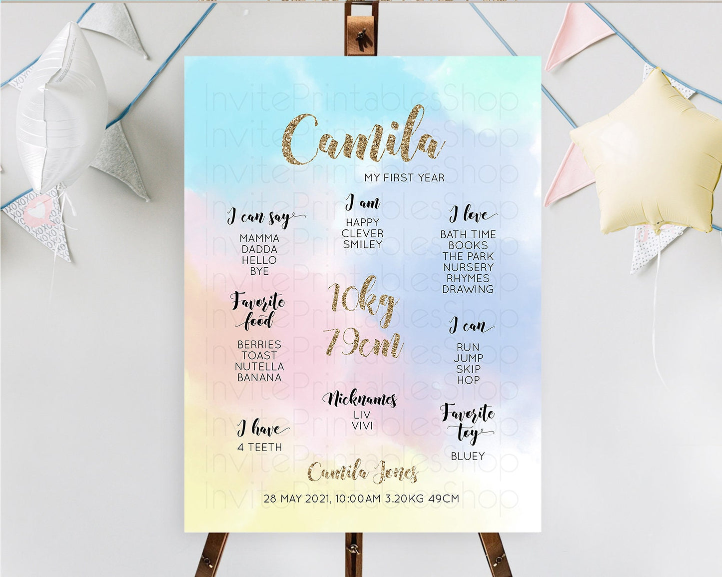Pastel First Birthday Milestone Board Pastel Rainbow Milestone Poster Colorful Confetti Watercolor Glitter 1st Birthday Welcome Sign D10378