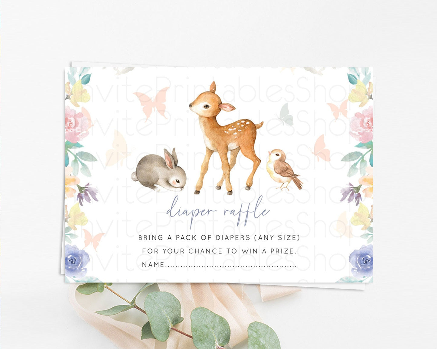 Fawn Diaper Raffle Card Deer Diaper Insert Floral Deer Diaper Ticket Enchanted Forest Butterfly Pastel Baby Shower Raffle Game D10930