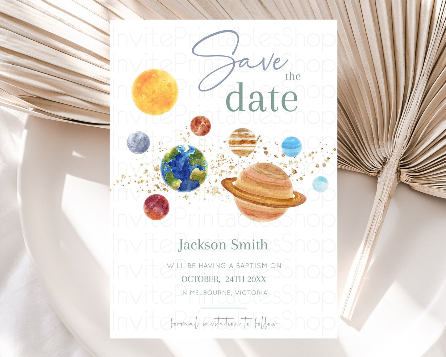 Space Save The Date Template Space Adventure Party First Trip Around the Sun Planets Solar System 1st Birthday Baptism Baby Shower  D10598