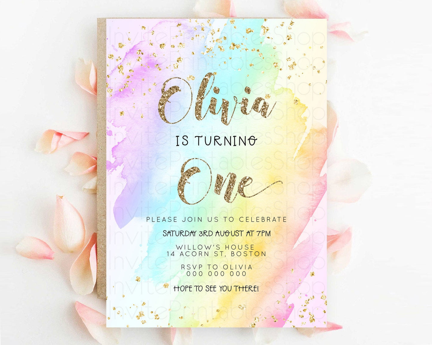 Rainbow Birthday Invitation Colorful Pastel Watercolor Invitation Gold Glitter Sprinkles Ombre Pastel 1st 2nd 3rd Birthday D23286